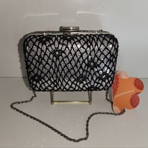 Expressions NYC clutch black and silver with silver long chain